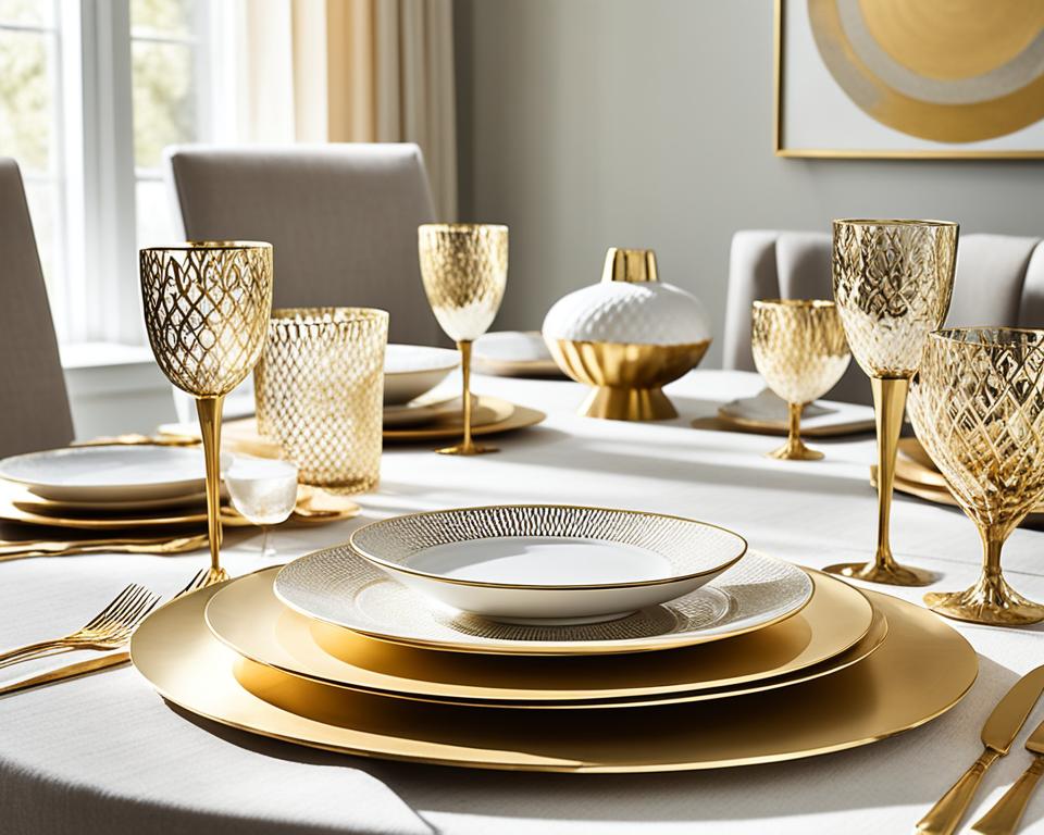 gold rimmed plates dining room