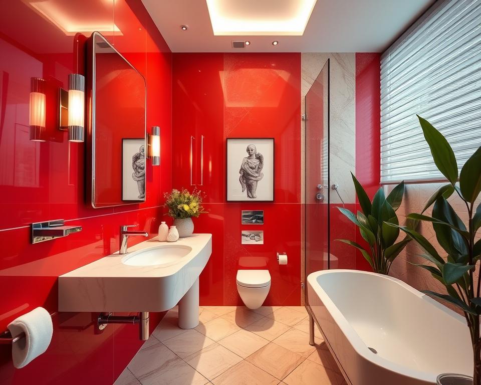 red accent wall bathroom